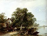 River Landscape With Figures Loading A Boat by Henry John Boddington